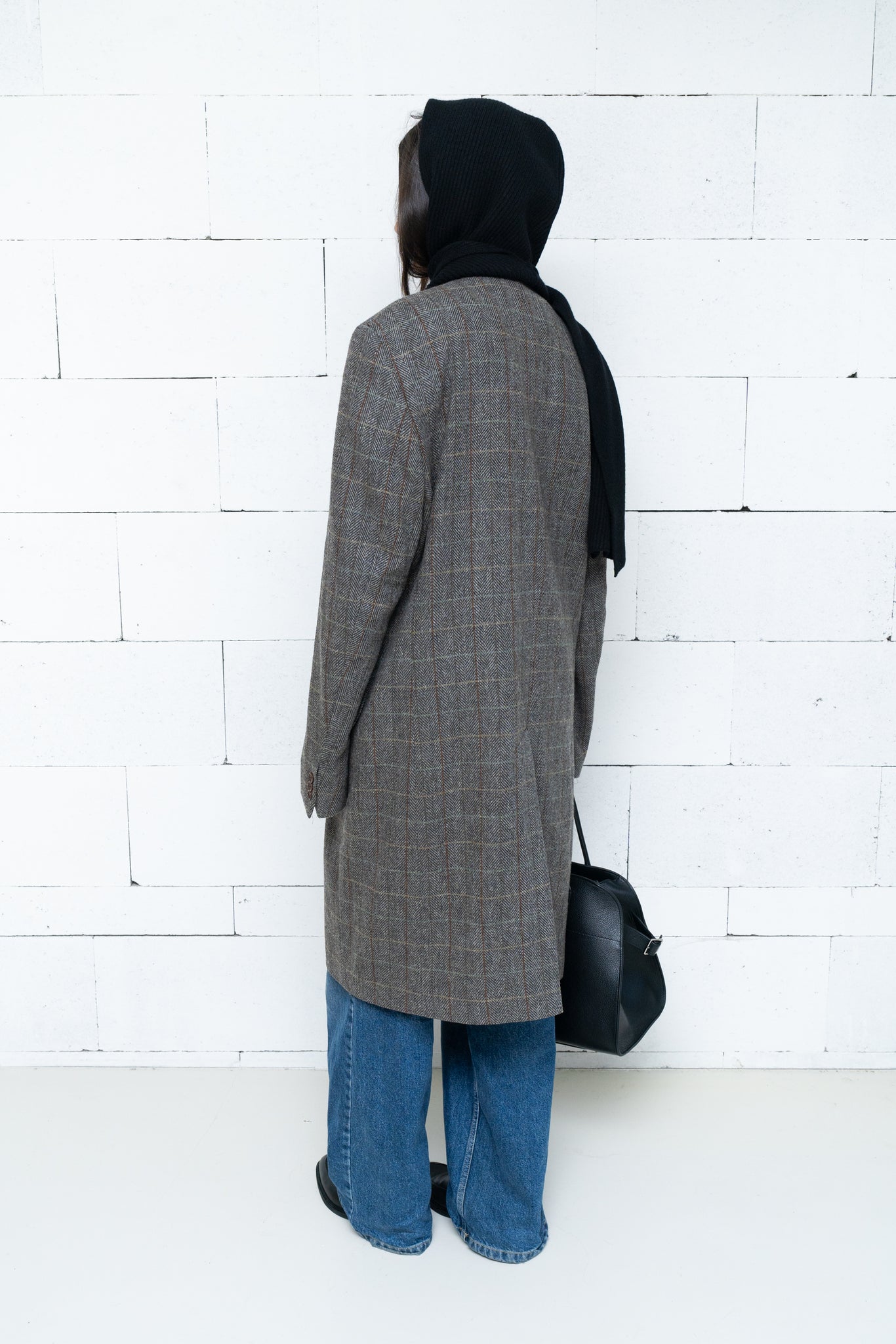 Mid-Length Wool Checkered Coat Grey