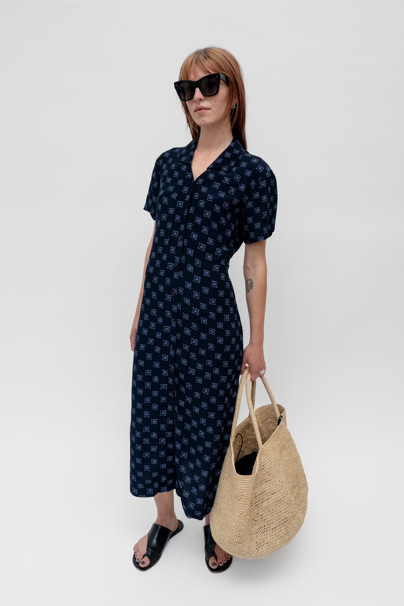 Printed Midi Dress Navy